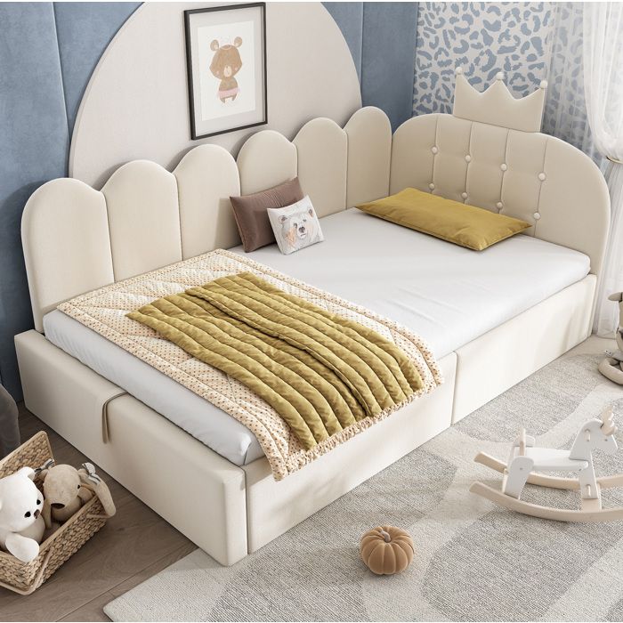 Lit banquette coffre EVRYAE 90 x 190 cm velours beige tête couronnée sommier à lattes sans matelas
