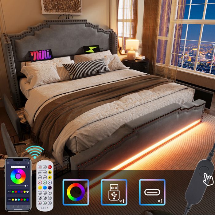 Lit 180x200 cm avec LED. USB et Type-C. 4 tiroirs de rangement. sommier à lattes. velours gris