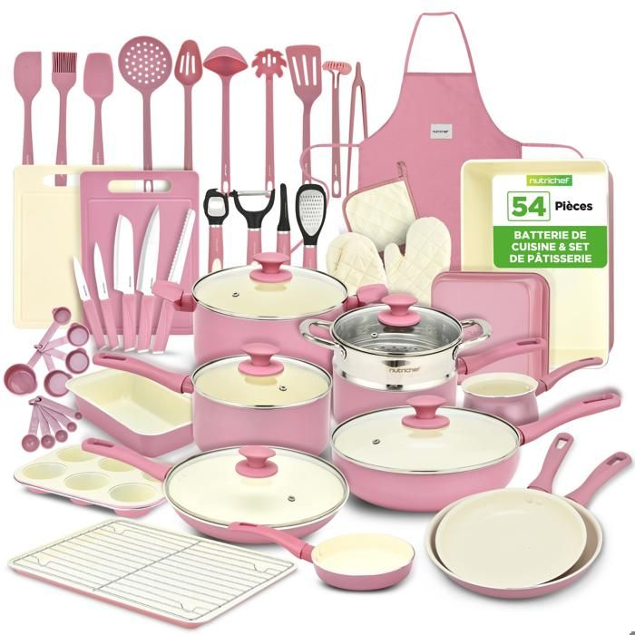 Batterie de Cuisine - NutriChef - 54 Pièces - Céramiques Antiadhésives - Tous Feux Dont Induction - Rose