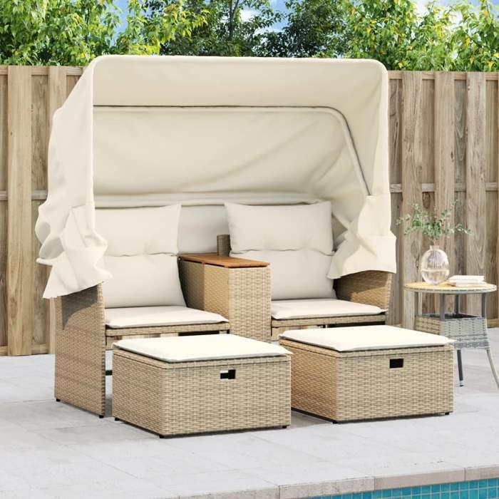 Beige Siège de jardin - Canapé de jardin - 2 places - avec auvent et tabourets beige rotin C3528