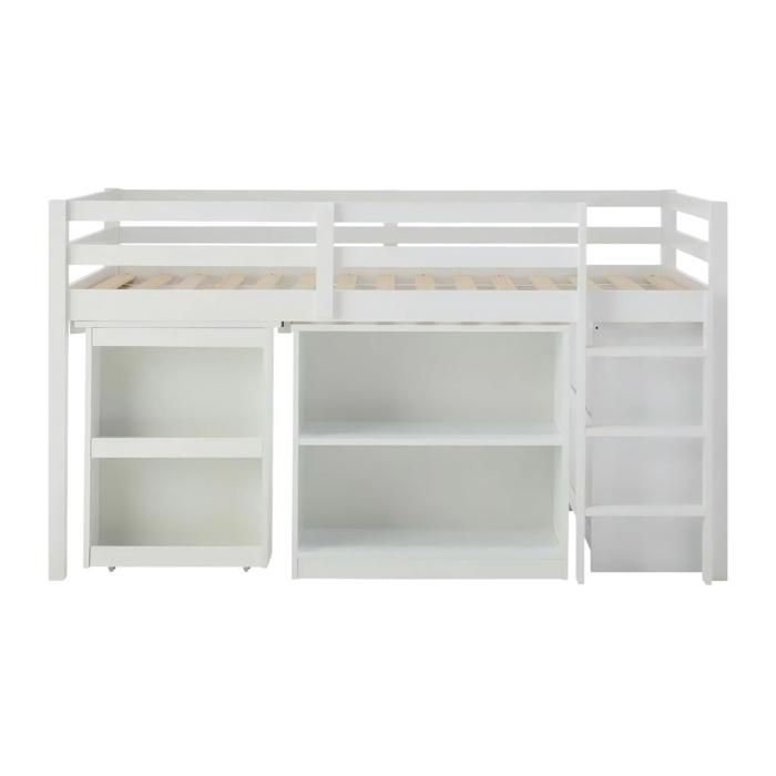 Lit mezzanine enfant 90x190 cm (sans matelas) lit mi-hauteur multifonction en pin blanc avec bureau et rangements