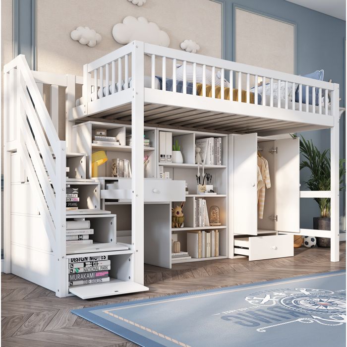 Lit mezzanine enfant blanc 90×200 cm avec bureau escalier rangement et armoire sommier inclus sans matelas