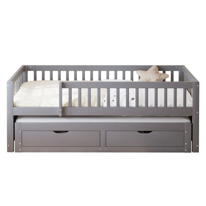 Canapé-Lit 90x200-Bois Gris-Lit Gigogne 2 Tiroirs-Barrière Sécurité-Sommier Inclus (sans Matelas) Canapé-Lit 90x200-Bois Gris-Lit Gigogne 2 Tiroirs-Barrière Sécurité-Sommier Inclus (sans Matelas)