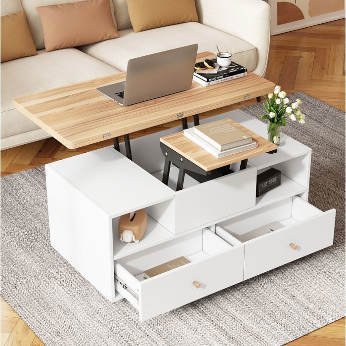 Table basse relevable avec rallonge pliante 4 tiroirs et roulettes