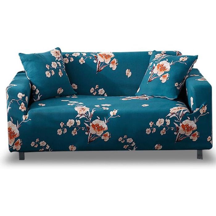 Housse de canapé extensible pour 3 places élastique protection meuble avec motif fleur bleu .