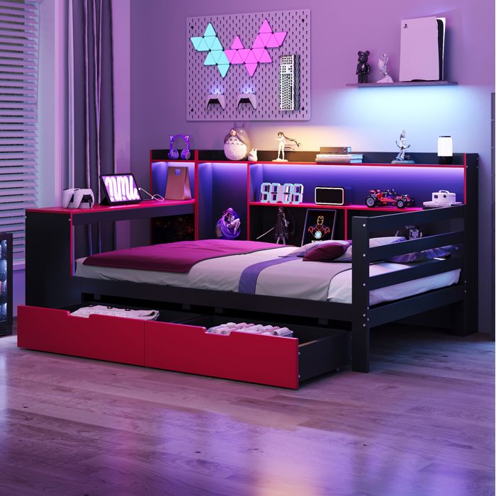 Lit combiné Simple 90×200 cm bureau bibliothèque 2 tiroirs LED et USB - YEAVIO - sans matelas bois - noir et rouge