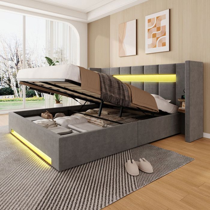 Lit 180x200 avec sommier et LED et large tête de Lit Double avec 2 ports USB et hydraulique et angement sous le Velours Gris Foncé