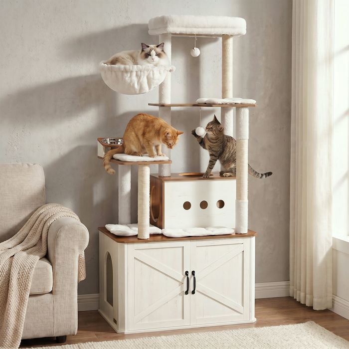 Arbre à Chat de 170 cm de Haut Niche pour Chat Meuble Cache-Litière Marron et Blanc