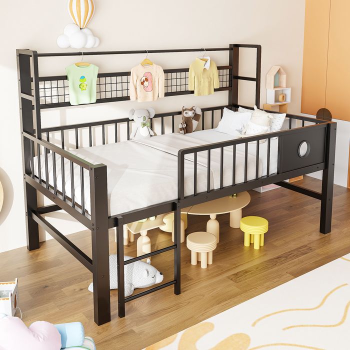 Lit mezzanine enfant - KOMHTOM - 90x200 - Cadre métal - Rangement sous-lit & penderie - Capacité 120 kg