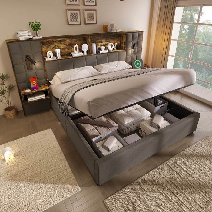 Lit double rembourré 180x200 cm avec LED 2 chevets intégrés et rangement Lit coffre avec 2 liseuses et USB Type-C Tissu Lin Gris