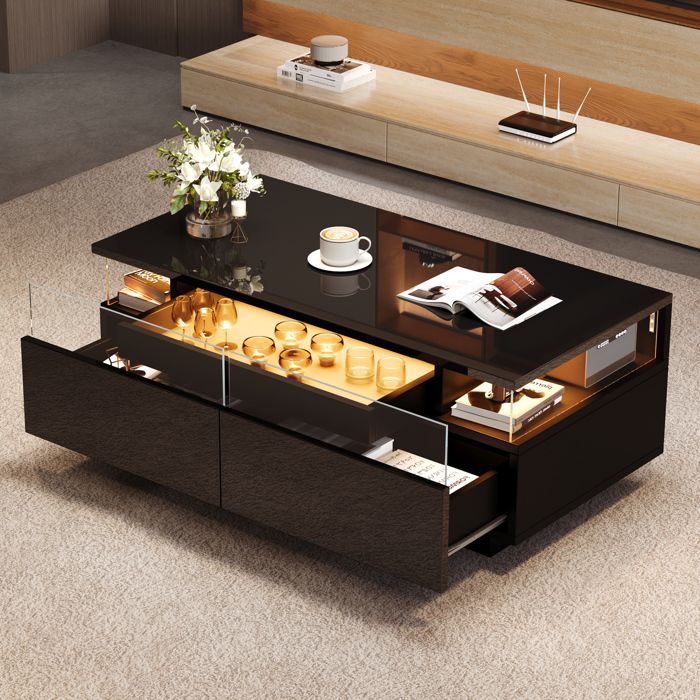 WOVREO Table basse 90 x 45 x 355 cm avec 2 tiroirs plateau amovible LED verre trempé noir brillant