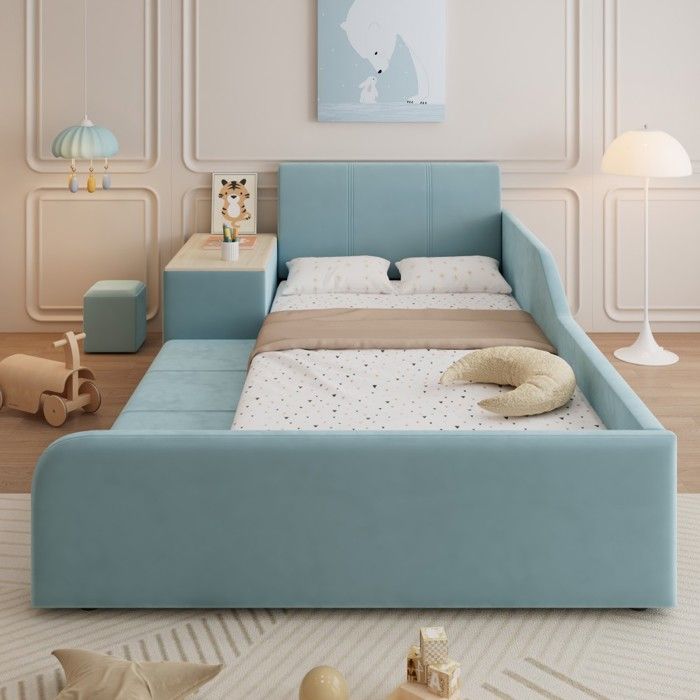 Lit capitonné velours bleu 90x200cm lit enfant avec bureau tabouret étagères rangement sommier lattes tête rembourréeSans Matelas