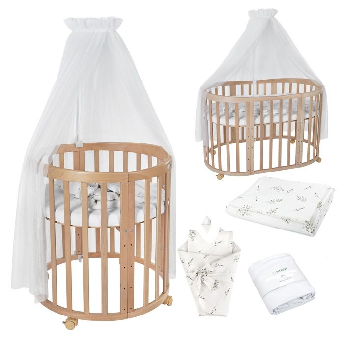 Waldin Lit Bébé Ovale 7en1 Évolutif Matelas - Naturel - Ensemble Branches Blanc inclus Waldin Lit Bébé Ovale 7en1 Évolutif Matelas - Naturel - Ensemble Branches Blanc inclus