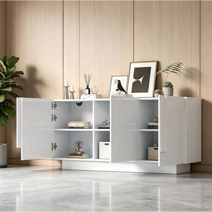 Buffet bas blanc 160 x 35 x 60 cm 3 portes brillantes 6 compartiments réglables panneau de particules