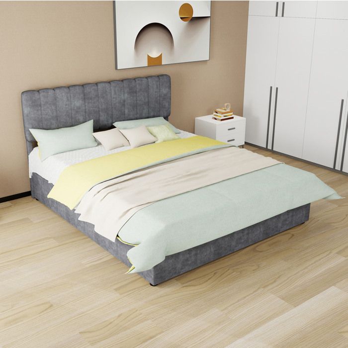 Lit coffre rembourré 160 x 200 cm gris avec tête de lit haute sommier à lattes et matelas inclus