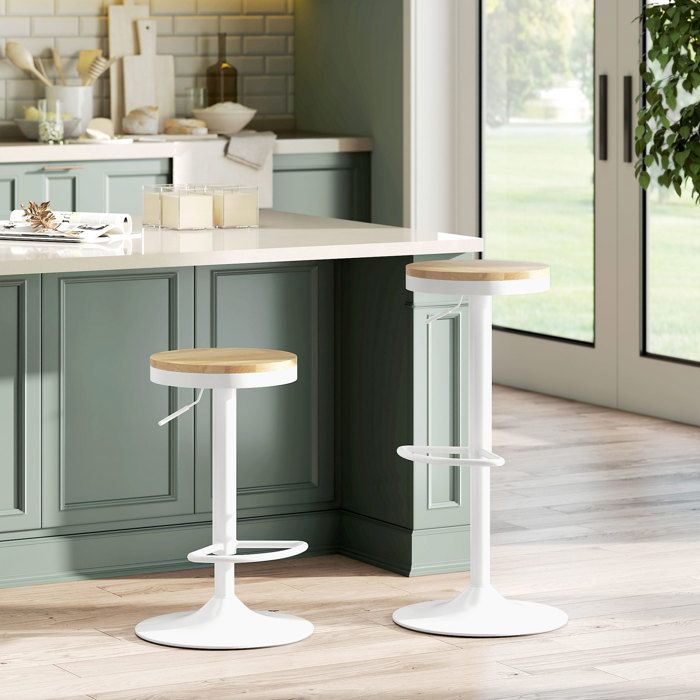 Tabourets de cuisine 2 pièces hauteur ajustable assise bois structure acier naturel et blanc