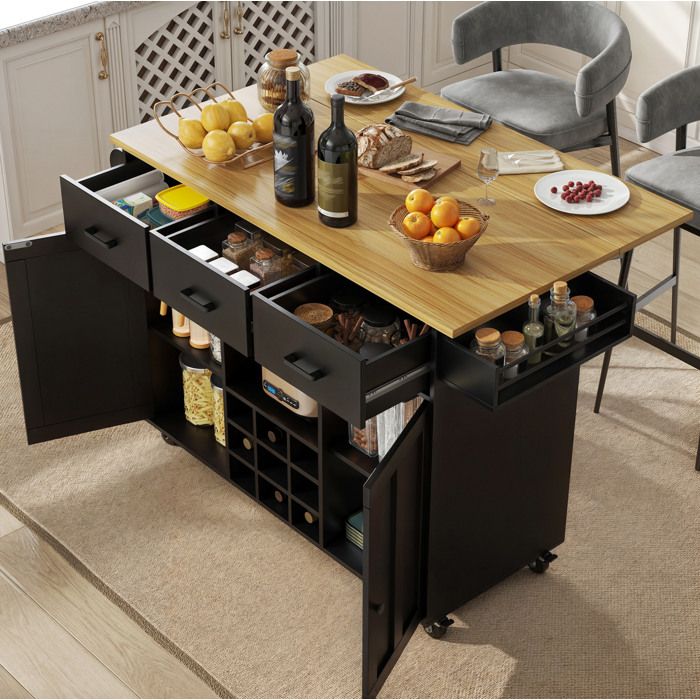 Desserte De Cuisine Mobile Avec Plateau Rabattable 3 Tiroirs 2 Portes Range Bouteilles Étagère À Épices Noir Aspect Bois