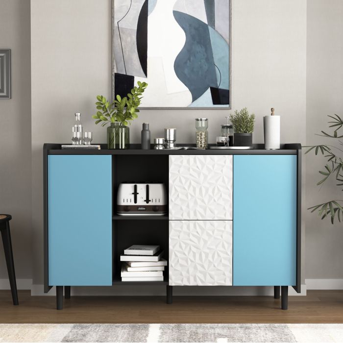 Buffet bas EVRYAE 120 x 40 x 80 cm 2 portes 2 tiroirs et 2 niches ouvertes meuble de rangement MDF noir et bleu