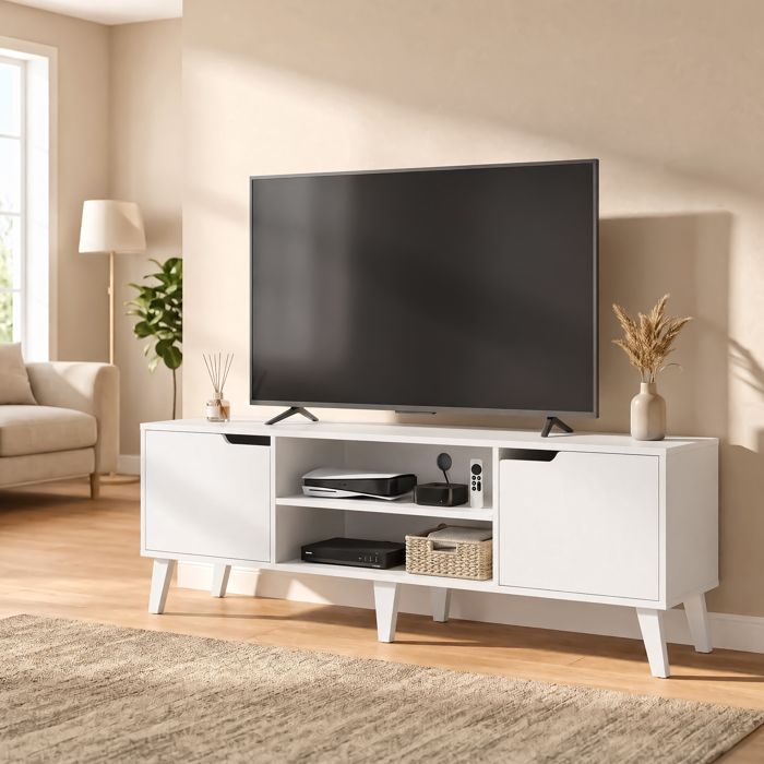Meuble TV Étagère Réglable pour Télévision jusquà 65 Pouces Longueur 147 cm pour Salon Chambre Blanc
