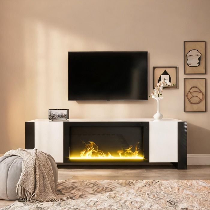 Meuble TV 165 cm avec foyer électrique décoratif blanc brillant et pieds noirs design moderne