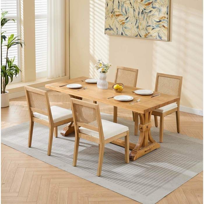 Chaise de Salle a Manger Lot de 2 avec Dossier en Cannage et Coussin Mousse - TCQPZ - en Lin Beige 56 × 48 × 865 cm