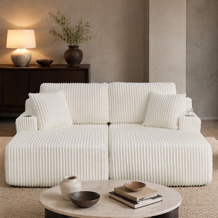 MEUBLIV Canapé compressé 2 places convertible d’appoint tissu côtelé beige porte-gobelet et poche latérale