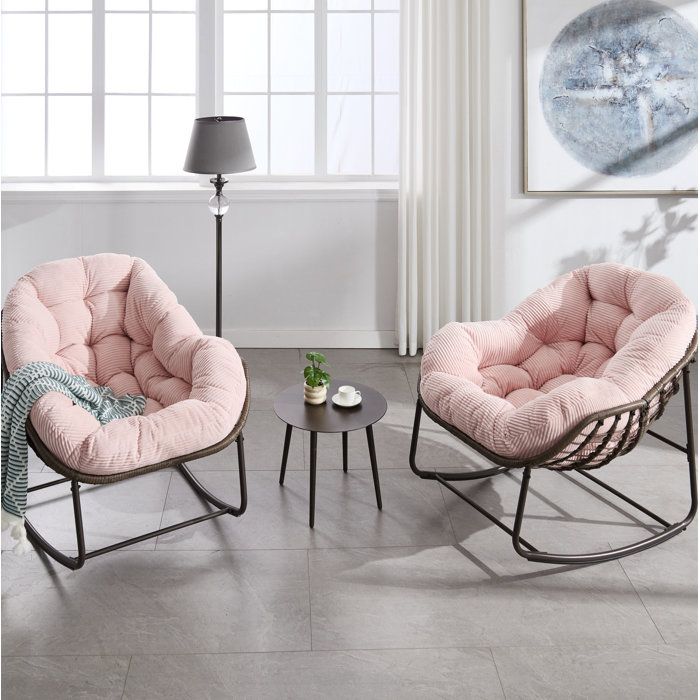Chaise A Bascule Rotin Rose Fauteuil Rocking Chair FloraGrace Pour Jardin Et Salon Coussin Rembourré 106x90x78cm