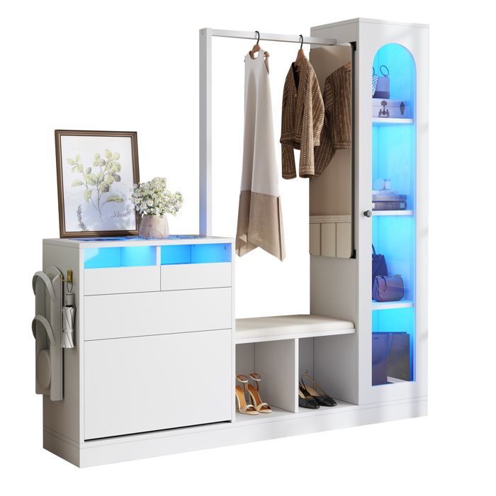 Meuble dentrée 6-en-1 163 x 50 x 161 cm blanc brillant panneau de particules LED miroir pivotant banc vitrine