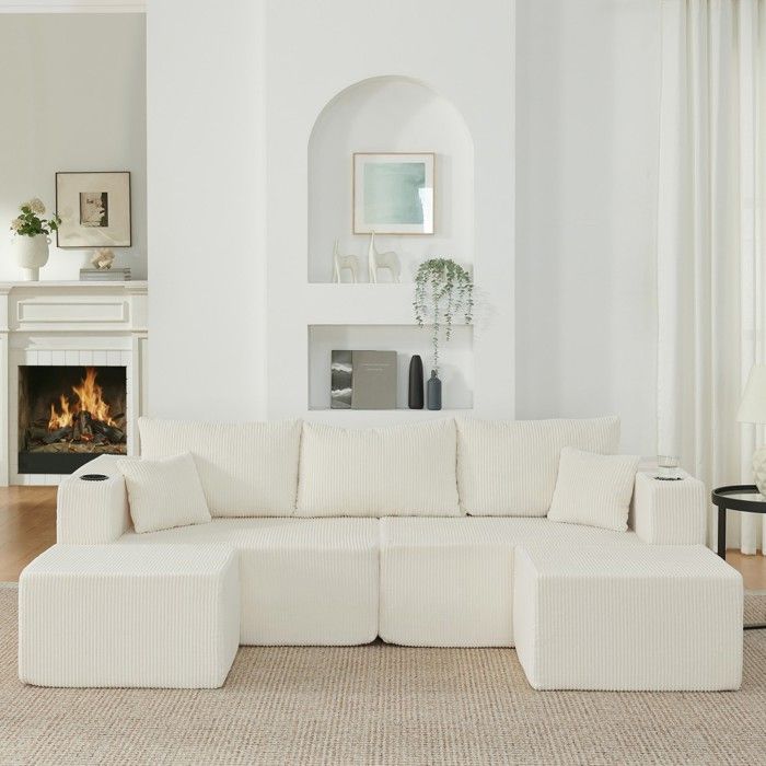 Canapé angle modulable beige velours côtelé 230x138x75cm L avec poufs amovibles porte-gobelet poche rangement salon Canapé angle modulable beige velours côtelé 230x138x75cm L avec poufs amovibles porte-gobelet poche rangement salon