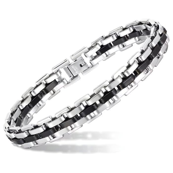 Zense - Gourmette homme maillons argentés et noirs fermoir à clapet ZB0406
