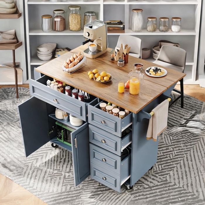 Îlot central de cuisine en MDF rich blue 110x45-75x92 cm avec plan rabattable tiroirs et étagère latérale