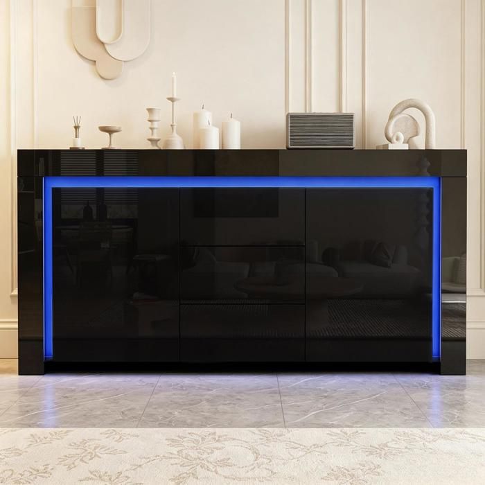 Buffet Salon Moderne avec Éclairage LED Meuble de Rangemenmt avec 3 Tiroirs 2 Portes Haute Brillance 140 x 40 x 65 cm Noir