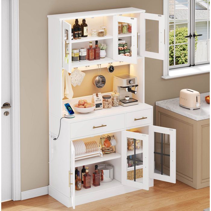 Buffet de cuisine blanc LED avec prise 6 portes 2 tiroirs étagères réglables style campagne 100 x 40 x 180 cm VEVXYN