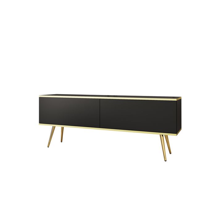 Meuble TV - 3XE LIVING - 135 x 32 x 53 cm - Noir pieds Or - Push to Open - Panneaux 16 mm