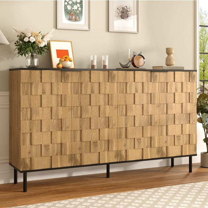 Buffet bas 2 portes 160 cm aspect bois mosaïque avec étagère fixe et pieds métalliques noirs VEVXYN