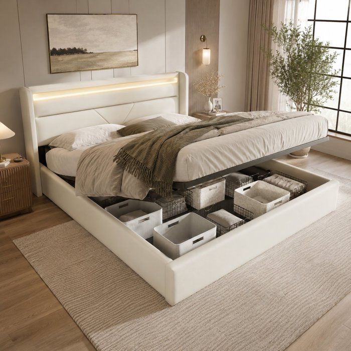 Lit coffre 160x200 pour lit double avec coffre de rangement LED et tête de lit rembourrée