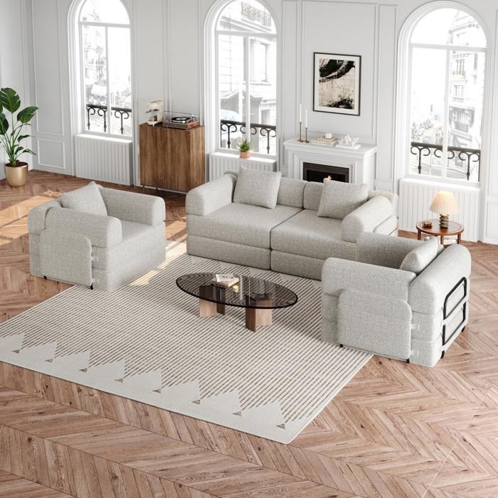 Canapé Convertible 4 Places - 368x91x70cm - Chauffeuse Lit Chenille Poches Rangement Cadre Acier - Beige