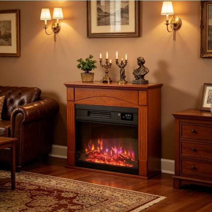 Cheminée électrique décorative marron – 1000 W / 2000 W – effet flamme 3D thermostat réglable télécommande