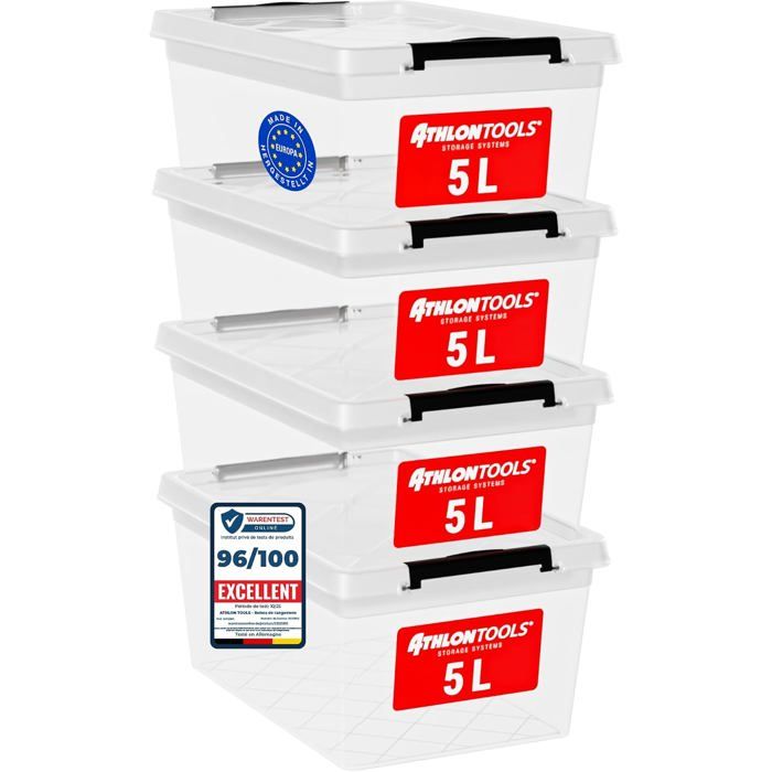 Boîtes de Rangement 5 L avec Couvercles en Plastique Transparent Lot de 4，transparent