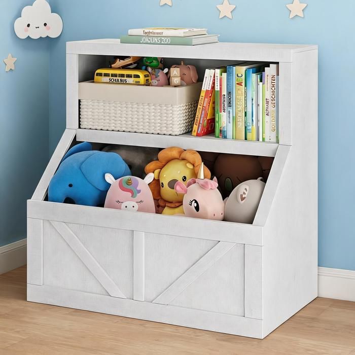 JoyGarden Meuble enfant 2-en-1 coffre à jouets et bibliothèque rangement 2 niveaux casiers spacieux anti-basculement antique Blanc