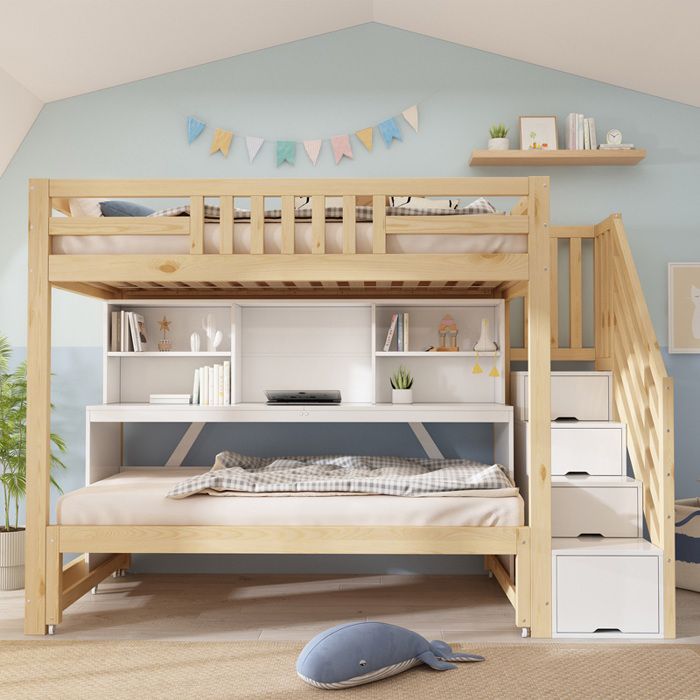 Lit Superposé Enfant 90x200/90x190 cm avec Bureau Mobile Lit Tiroir Escalier Rangement et Étagère - Bois - Blanc et Chêne