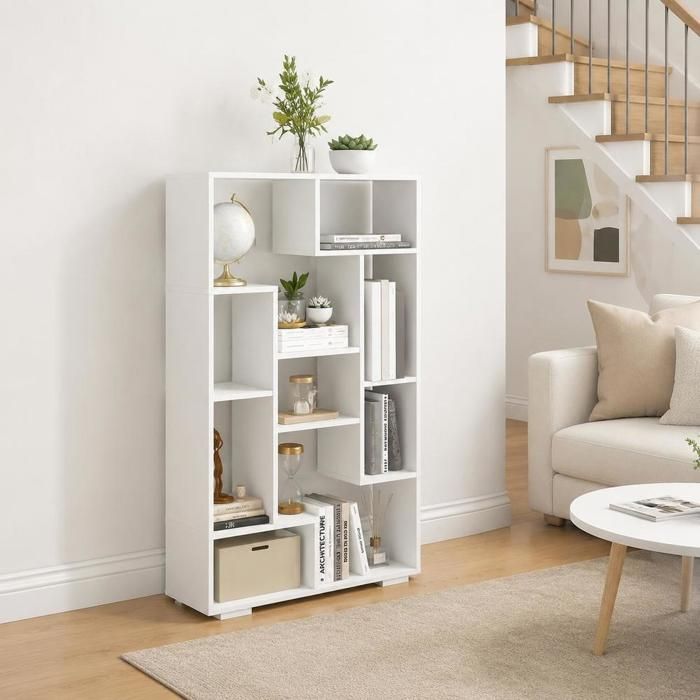 47 Pouces Bibliothèque Blanche Étagère Rangement Livres et Objets Déco Meuble Stable Anti-Basculement