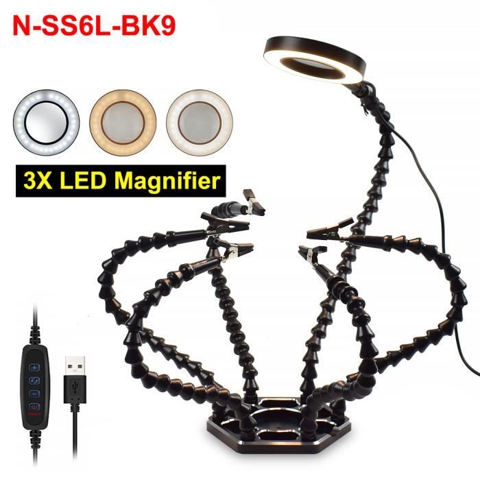 Main d'aide magnétique, troisième mains soudées avec 3 lampes loupes LED, 4 colonnes de PCB avec