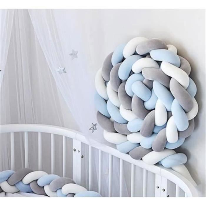 Tour de Lit Coussin Serpent 3M - Blanc+Gris+Bleu - Pare-chocs Tressé en Velours et Coton PP