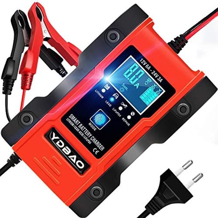 YDBAO Chargeur de Batterie Intelligent Automatique à 7 Étages 6A 12V/24V Efficace Fonction Mémoire et Réparation pour Auto Moto etc