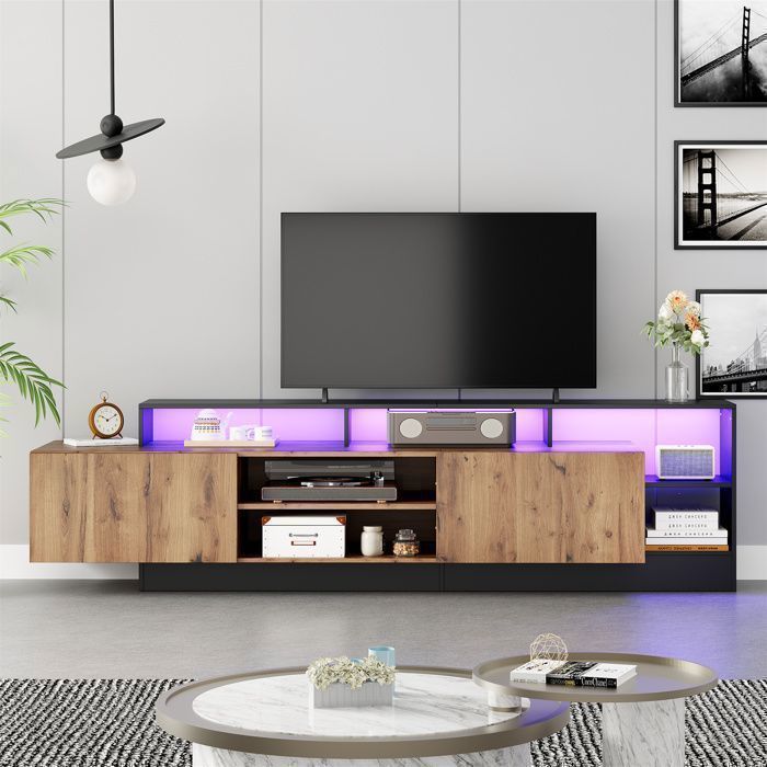Meuble TV avec LED Lumière Armoire TV avec 2 Portes 6 Compartiments Ouverts Style Industriel Bois et Noir 190x40x48.5cm