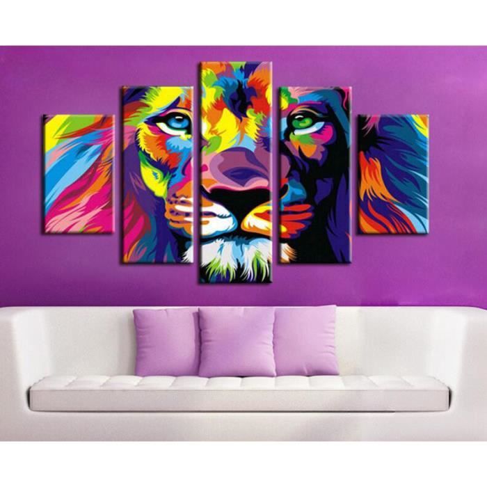 5 Piece Couleur Imprimer Lion Roi Des Animaux Peinture Abstraite Moderne Maison Salon Decor Art Hd Imprimer Image Toile Sans Cadre Cdiscount Maison