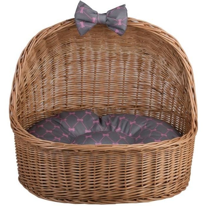 Meilleurs prix pour Corbeille,niche, panier ovale en osier buff avec joli coussin gris imprimé petits os roses et une os décoratif