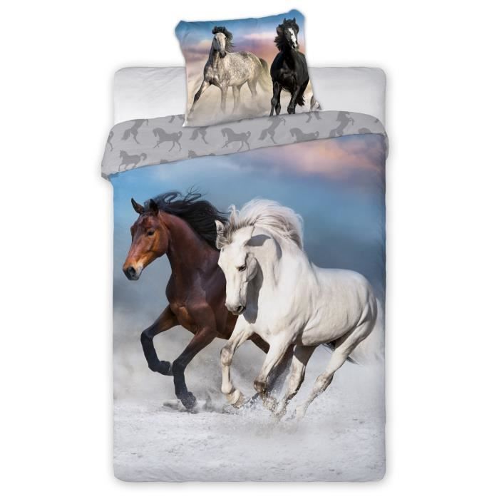 Ensemble De Literie Enfant Fille - Couette Cheval Et 3 Simulacres - Thème équestre