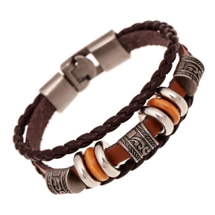 Bracelet - HUEIHWOH® - Style Punk - Cuir - Alliage de Perles - 20cm